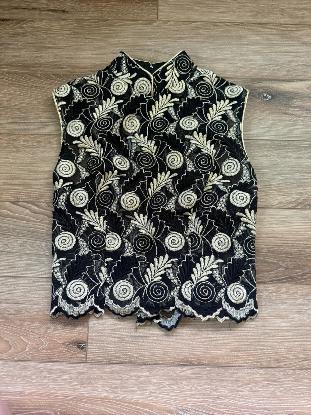 Hobby Horse Black & Gold Embroidered Sleeveless Mock Neck Blouse